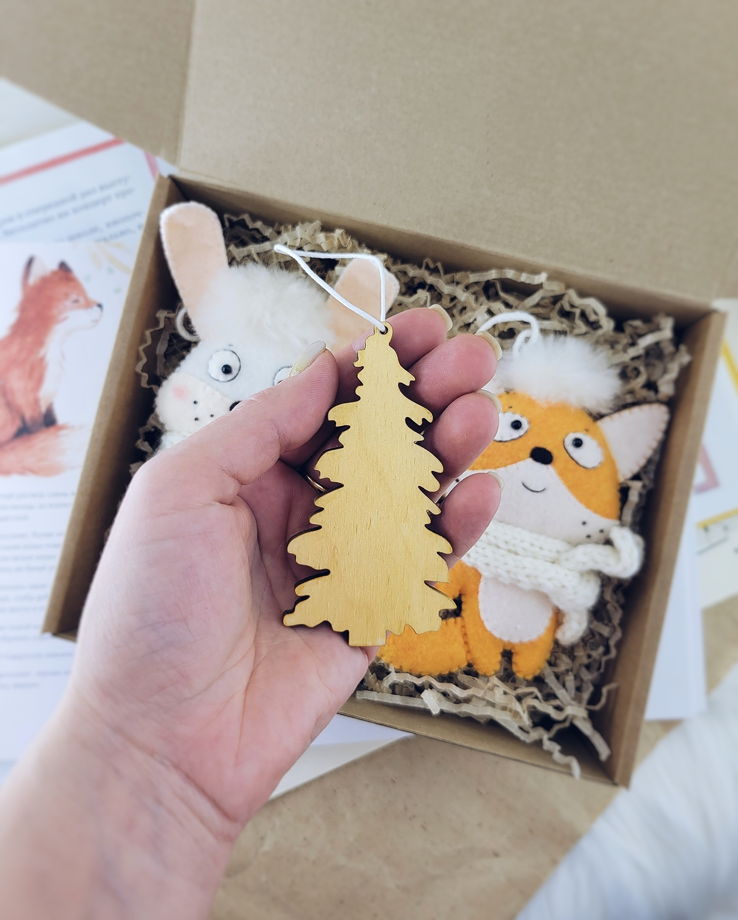 Набор ёлочных игрушек ручной работы Лесные малыши: лисёнок и зайчонок
