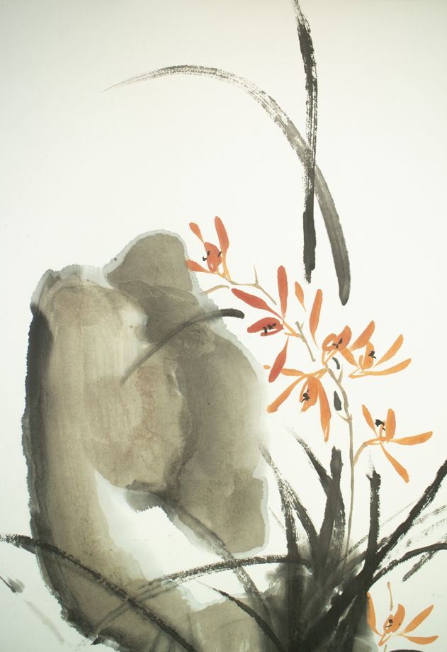"Нежная орхидея с камнем", картина в традиционном китайском стиле се-и (46 * 68 см)