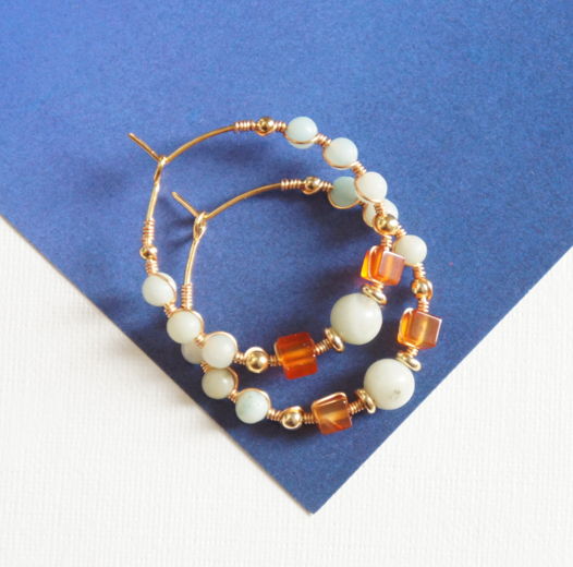 Серьги кольца конго хупы обручи плетеные wire wrapped амазонит сердолик