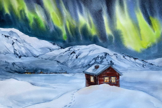 Пейзаж акварелью "Хибины" северное сияние