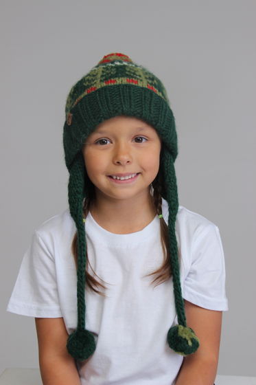 Зеленая детская зимняя шапка "Ежики" из 100%ной мягкой шерсти с флисовым подкладом