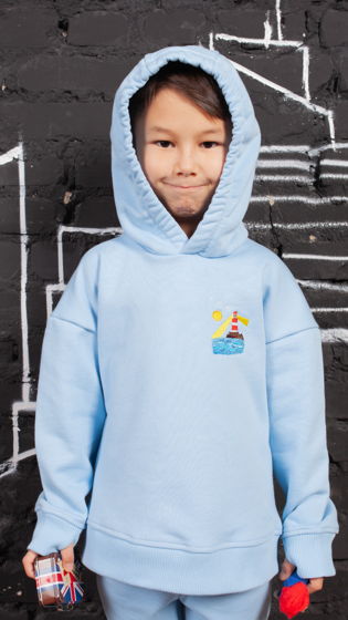 Детская толстовка оверсайз с капюшоном с вышивкой "маяк" материал футер, 100% хлопок, цвет голубой