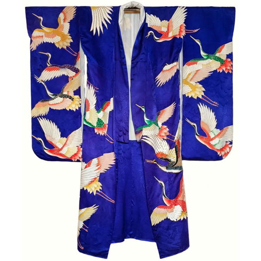 Винтажное шелковое кимоно с журавлями