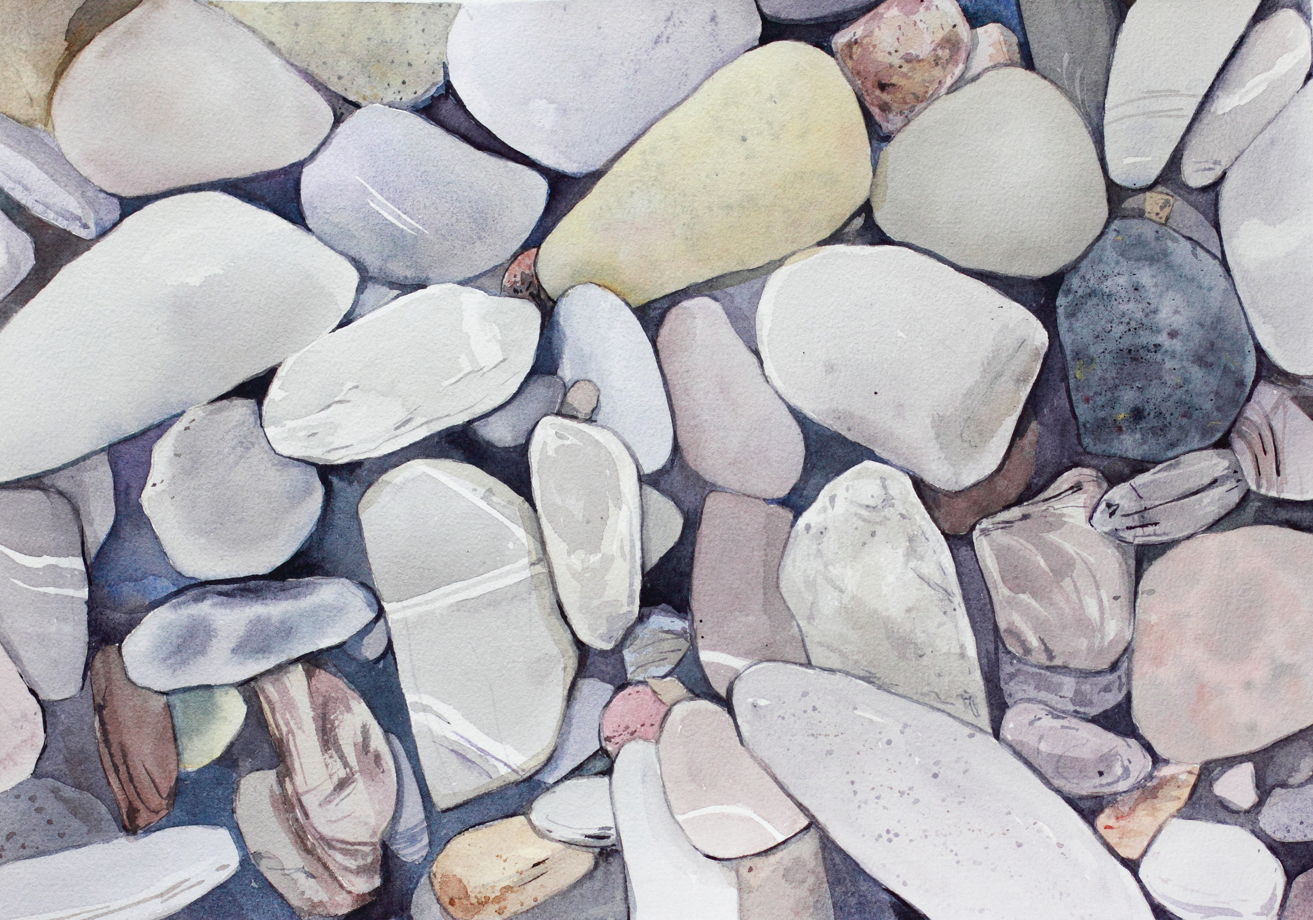 Картина акварелью Камни с пляжа Сочи