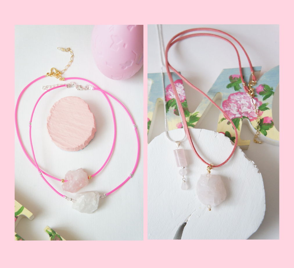 Колье чокер каучук фуксия натуральный розовый кварц