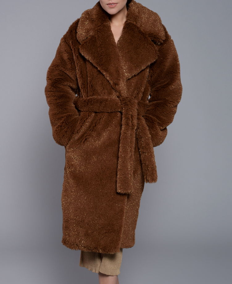 Пальто меховое из стриженной шерсти альпаки коричневое с люрексом