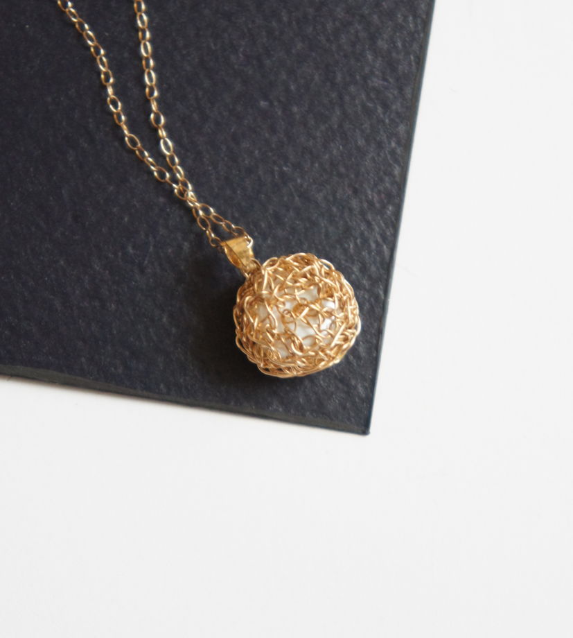 Золотая цепочка голдфилд и золотой плетёный кулон жемчуг wire wrapped винтаж