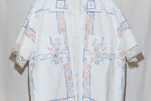 Рубашка с Цветами и Кружевом/Blue Flowers and Lace Short Sleeve Shirt