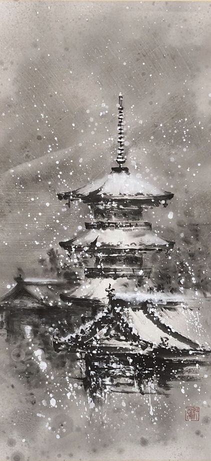 "Зима в Киото", картина в стиле японской живописи тушью, шелковый свиток (100x40 см)