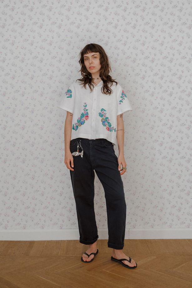 Рубашка с Фиолетовыми Цветами/30s Tablecloth Short Sleeve Shirt