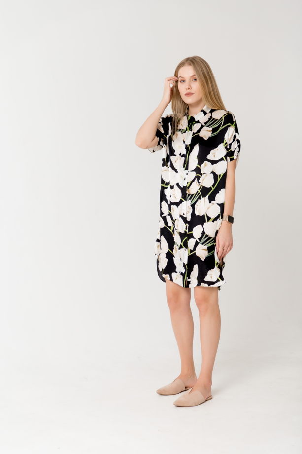 Платье- рубашка из шелка D&G с принтом тюльпаны