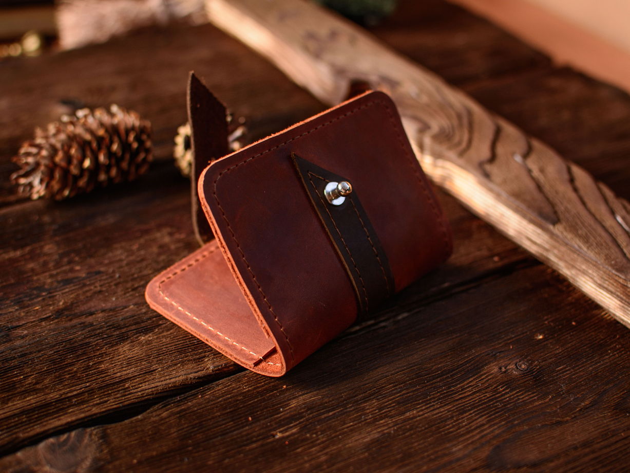 Картхолдер кожаный -TINY- мини кошелек для карт и наличности цвет Коньяк