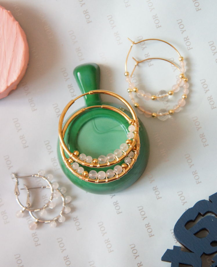 Позолоченные серьги кольца конго с розовым кварцем