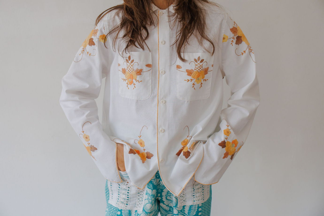 Рубашка с Кокеткой и Осенней Вышивкой/Fall Embroidery Long Sleeve Shirt