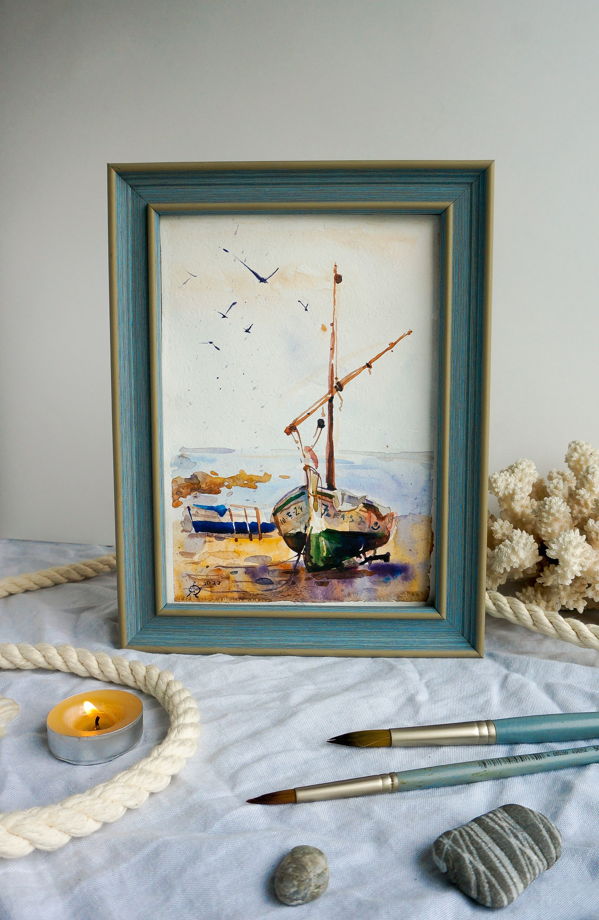 Картина "Лодка на берегу" (15х20 см) Акварель