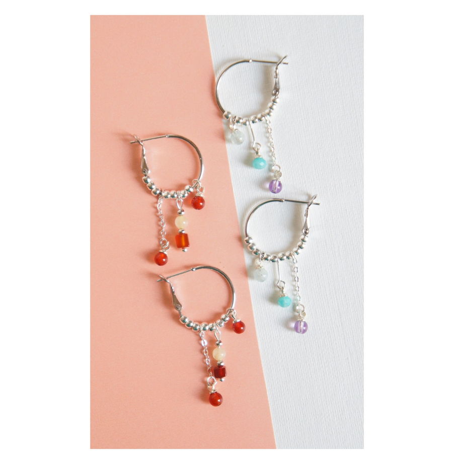 Серьги кольца конго аквамарин амазонит аметист с цепочками