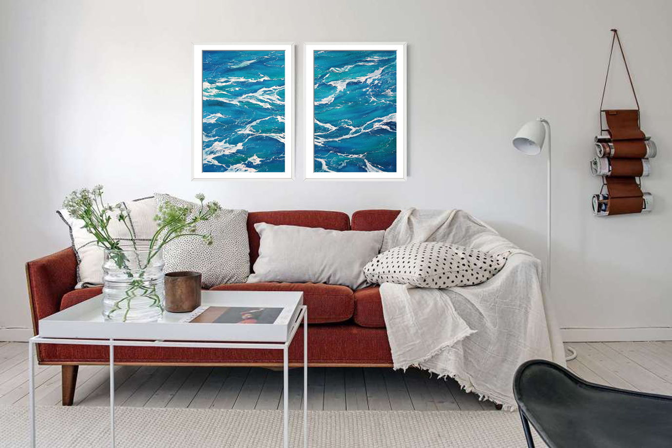 Диптих абстрактной акварельной картины "Морская пена" (74 х 54 см)