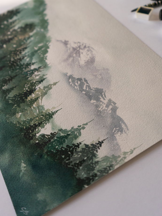 Акварельная картина "Туманные горы в лесу"