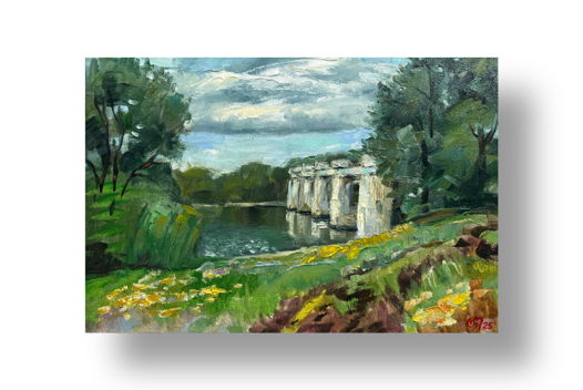 Картина маслом пейзаж "Мост в Петрово-Дальнее", малый формат