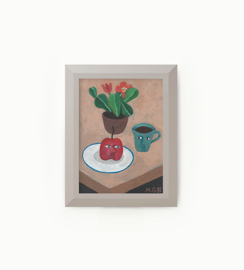Картина в раме "Le petit déjeuner avec pomme, café et cactus"*