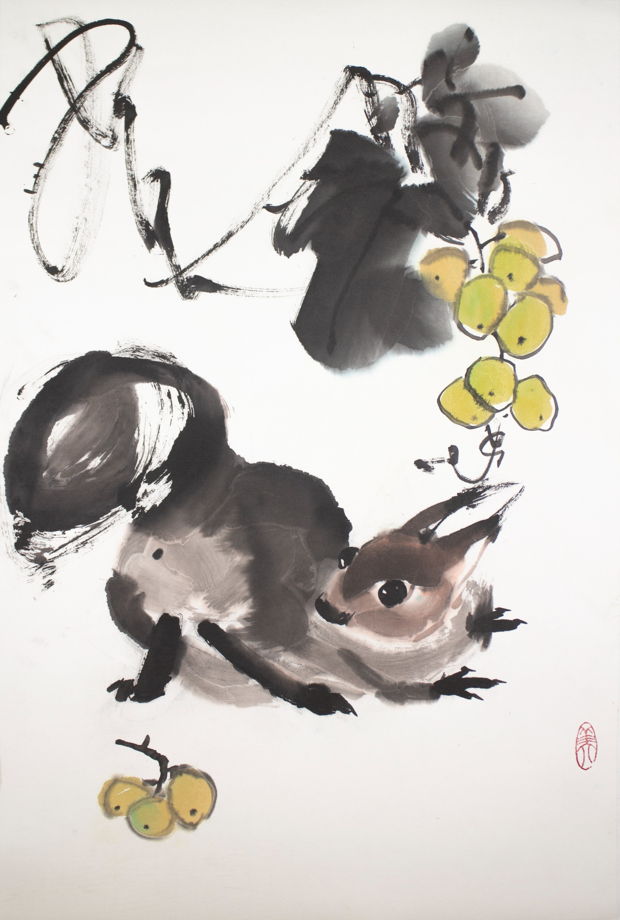 "Суетливая белка", картина в традиционном китайском стиле се-и (45* 69 см)