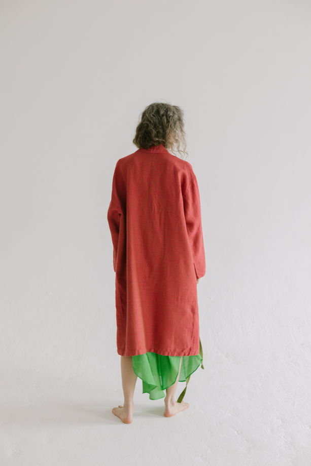 льняной халат с поясом *фуксия + зеленый*