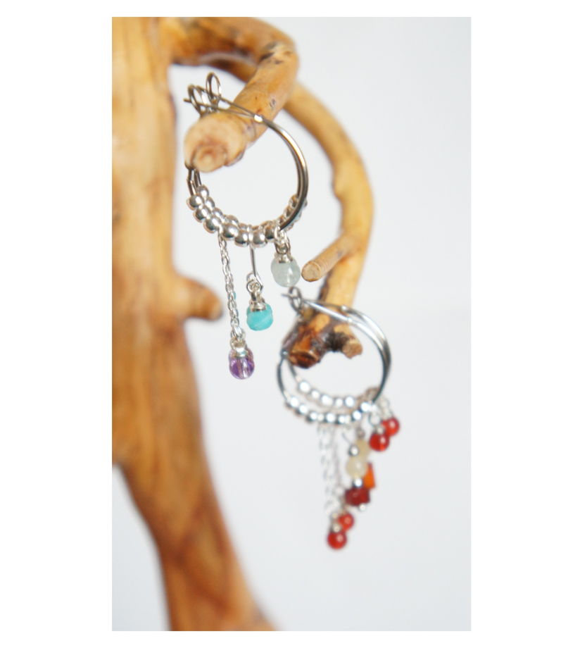 Серьги кольца конго аквамарин амазонит аметист с цепочками