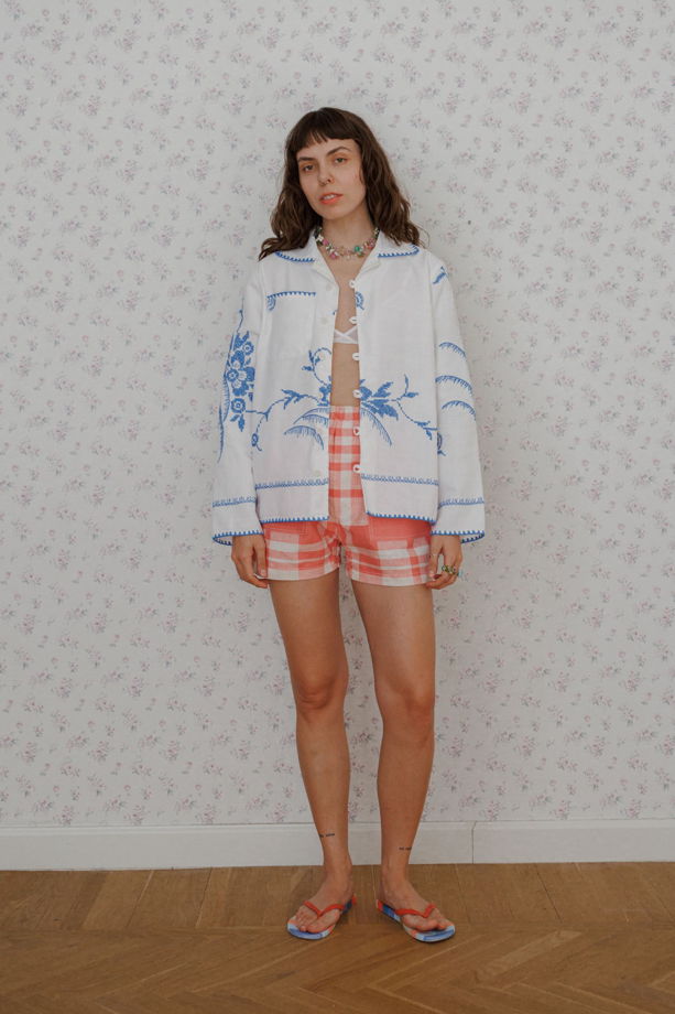 Белая Рубашка с Синей Вышивкой 2/White with Blue Embroidery Long Sleeve Shirt 2