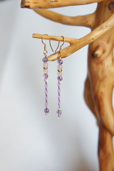 Серьги цепочки позолоченные розовый кварц аметист
