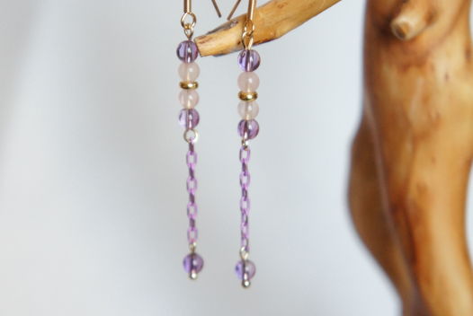 Серьги цепочки позолоченные розовый кварц аметист