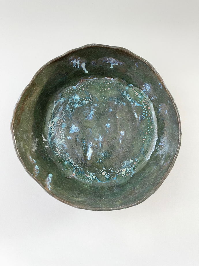 Зелёный салатник кракле из каменной керамики