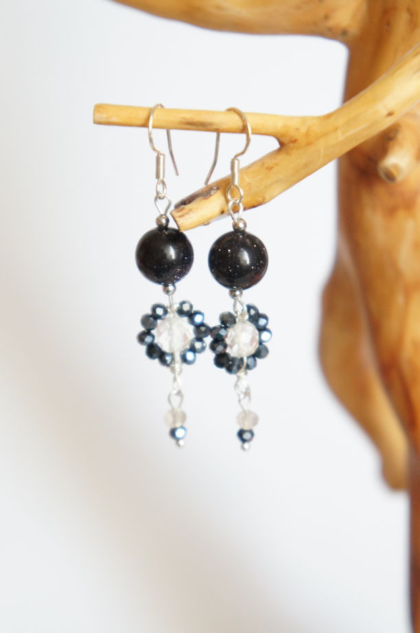 Серьги горный хрусталь синий авантюрин цветы плетеные wire wrapped