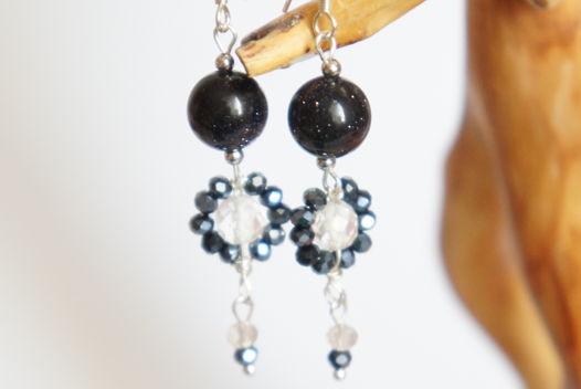 Серьги горный хрусталь синий авантюрин цветы плетеные wire wrapped