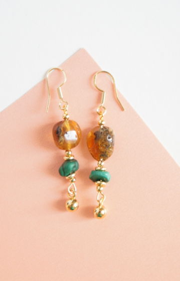 Позолоченные серьги малахит янтарь