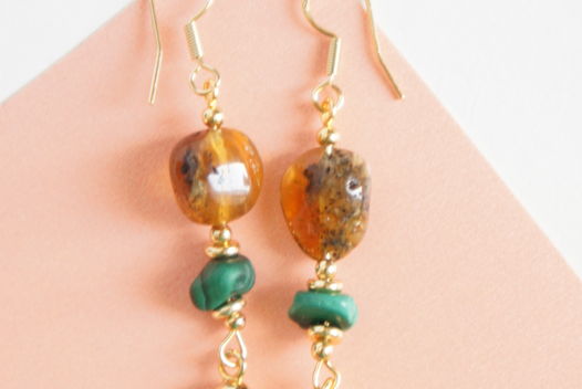 Позолоченные серьги малахит янтарь