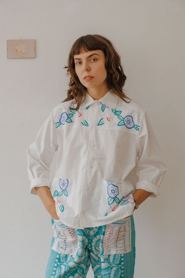 Рубашка Белая с Цветами/White + Flowers Long Sleeve Shirt