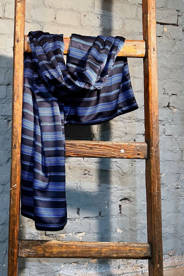 Тёплый стёганый шарф из натурального шёлка с сине-голубыми полосами, unisex