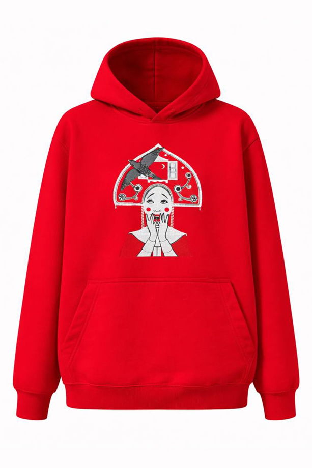 ХУДИ "КУКУШКА". One Size. Ярко красное худи свободного кроя с вышивкой.