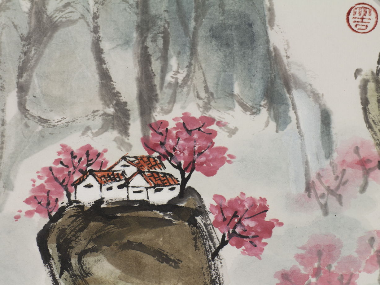 "Весна в горах", картина в традиционном китайском стиле се-и   (34 * 34 см)
