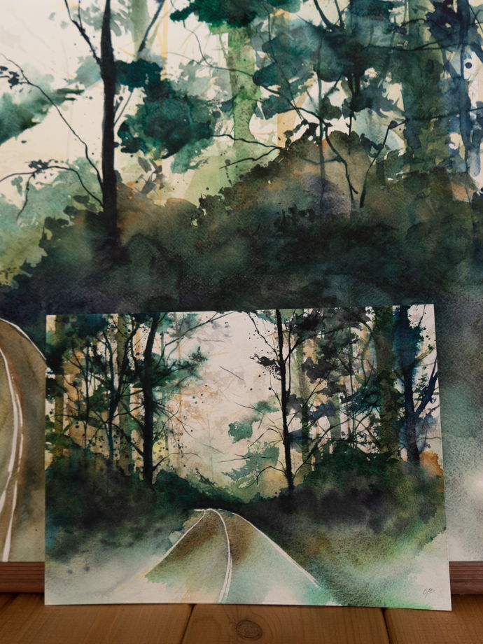 Акварельная картина "Дорога в лесу"