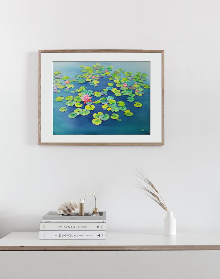 Акварельная картина "Рассвет на пруду с лилиями"