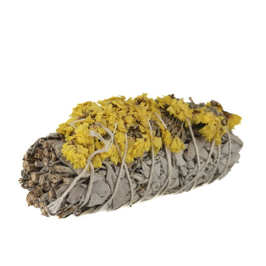 Органический Белый шалфей с цветками желтой статицы из Калифорнии. Натуральное благовоние для ароматизации и медитаций