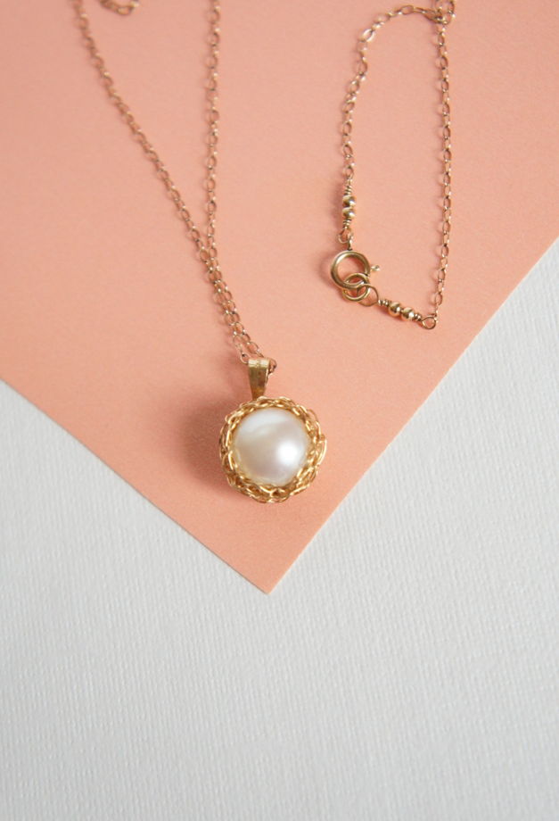 Золотая цепочка голдфилд и золотой плетёный кулон жемчуг wire wrapped винтаж