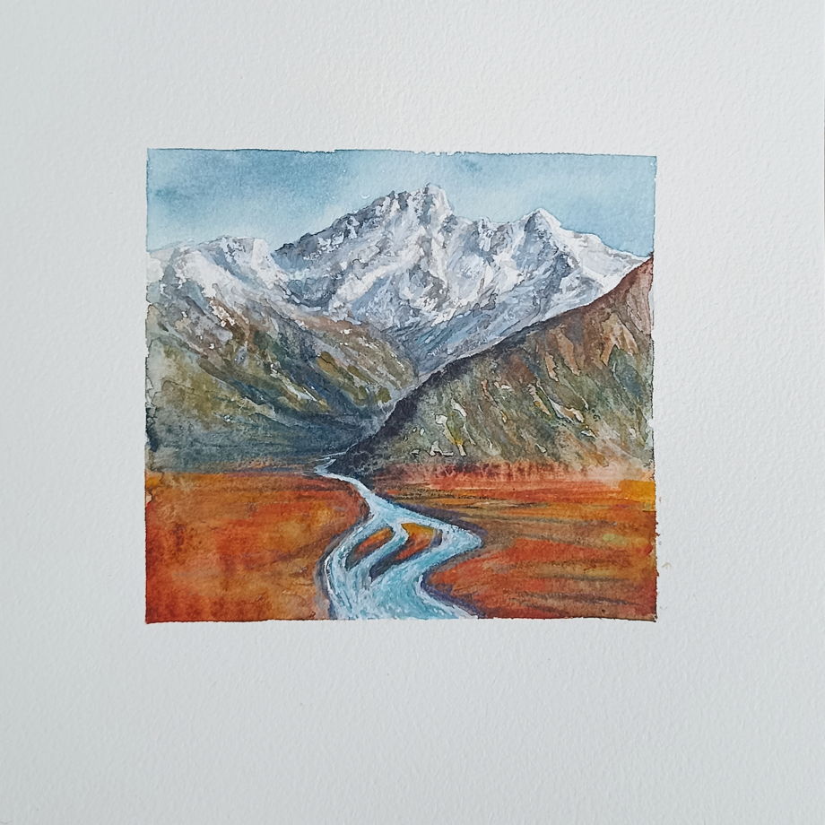 Акварельная картина Горы и река