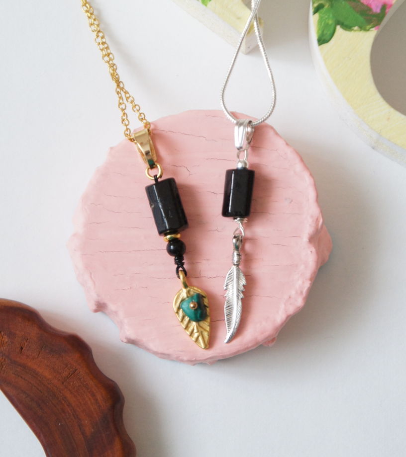 Позолоченный кулон черный турмалин шерл малахит лист