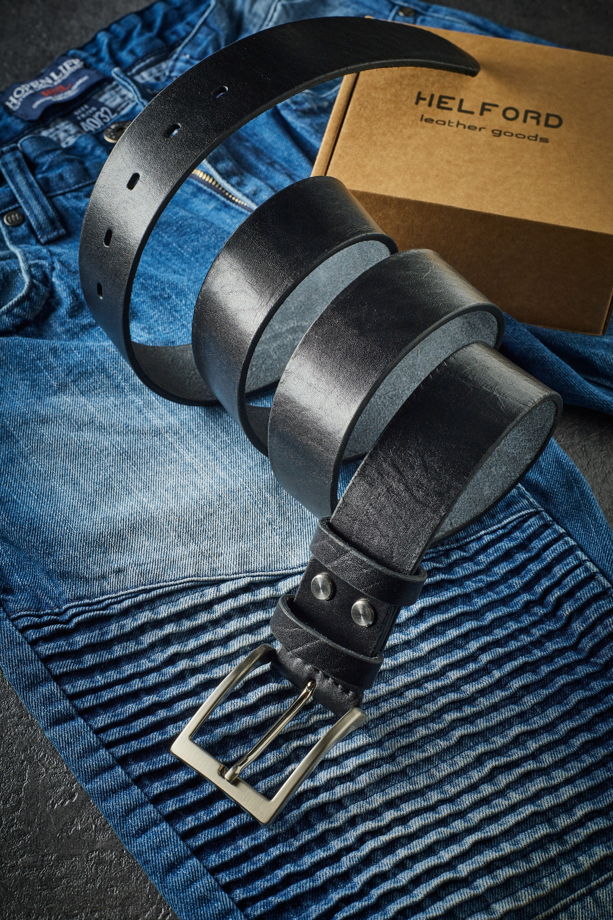 Ремень кожаный мужской черный глянец ручной работы HELFORD Jeans