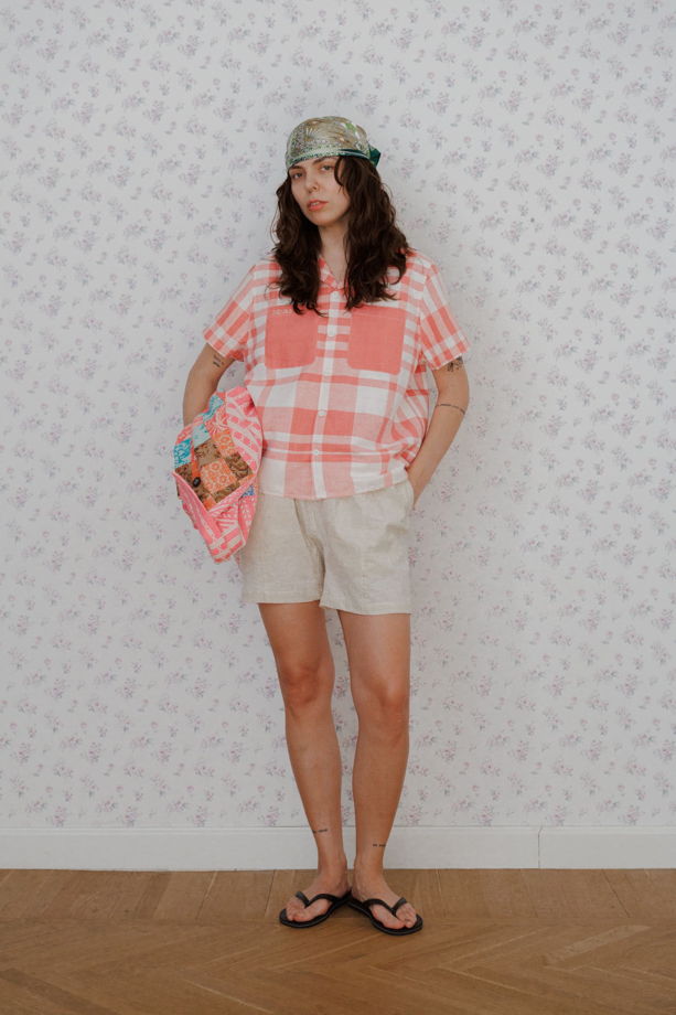 Розовая Клетчатая Рубашка/Pink Checkered Short Sleeve Shirt