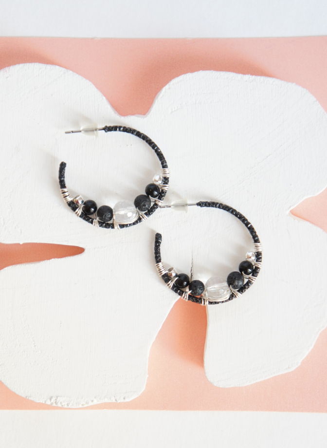 Серьги кольца конго плетеные горный хрусталь кварц оникс