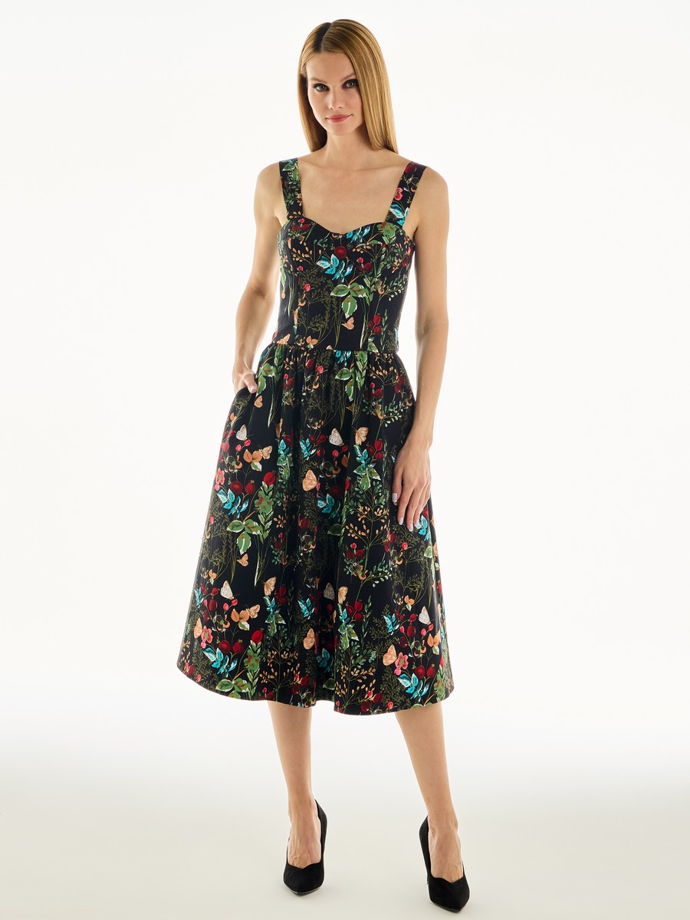 Платье-бюстье с чашками миди из хлопка с цветочным принтом