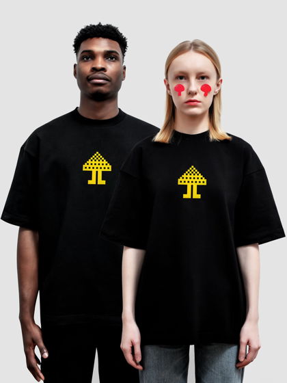 Черная футболка Мухоморье оверсайз принт желтый гриб